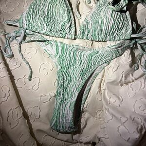 Green and White Striped Bikini Set